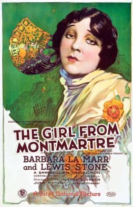 Barbara eventually sought to shed her image as one of the screen's leading temptresses. Yet, despite having won critical and public acclaim for the sympathetic, "human" characters she played in several films, she was continually steered into what she had come to regard as non-dimensional vamp roles. Such roles had cinched her stardom, but ultimately destroyed her career as the public tired of vamps. Plagued by weakening health, Barbara determined to prove herself and resurrect her career. "I'm down, but not licked," she contended just before her final film went into production. "The pageant they put me into almost snuffed me out, but I'm fighting for a chance to forget those idiotic pearl headdresses and feather fans...I hold the opinion that [acting] is something an actress should do." (Film poster for The Girl from Montmartre, released the day after Barbara's death in 1926.) 